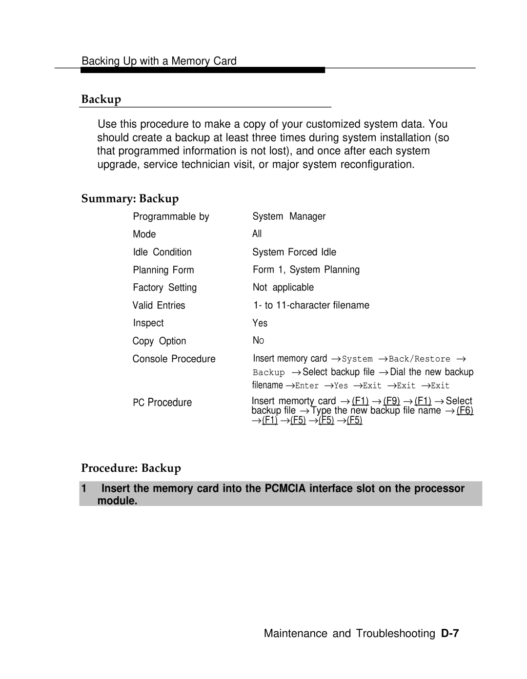 AT&T 3.0 manual Summary Backup, Procedure Backup 