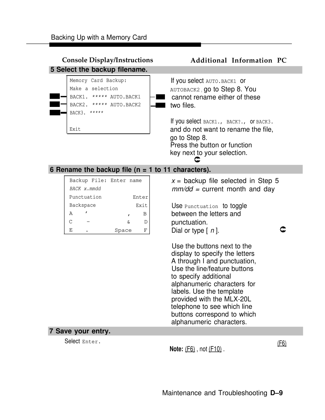 AT&T 3.0 manual Select the backup filename, Rename the backup file n = 1 to 11 characters, Save your entry 