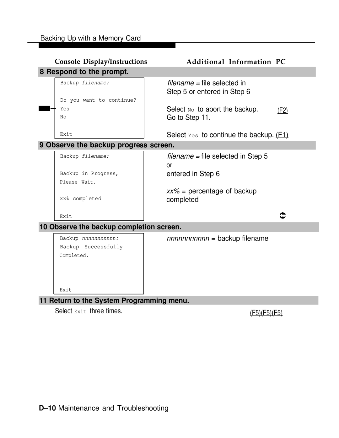 AT&T 3.0 manual Respond to the prompt, Observe the backup progress screen, Observe the backup completion screen 