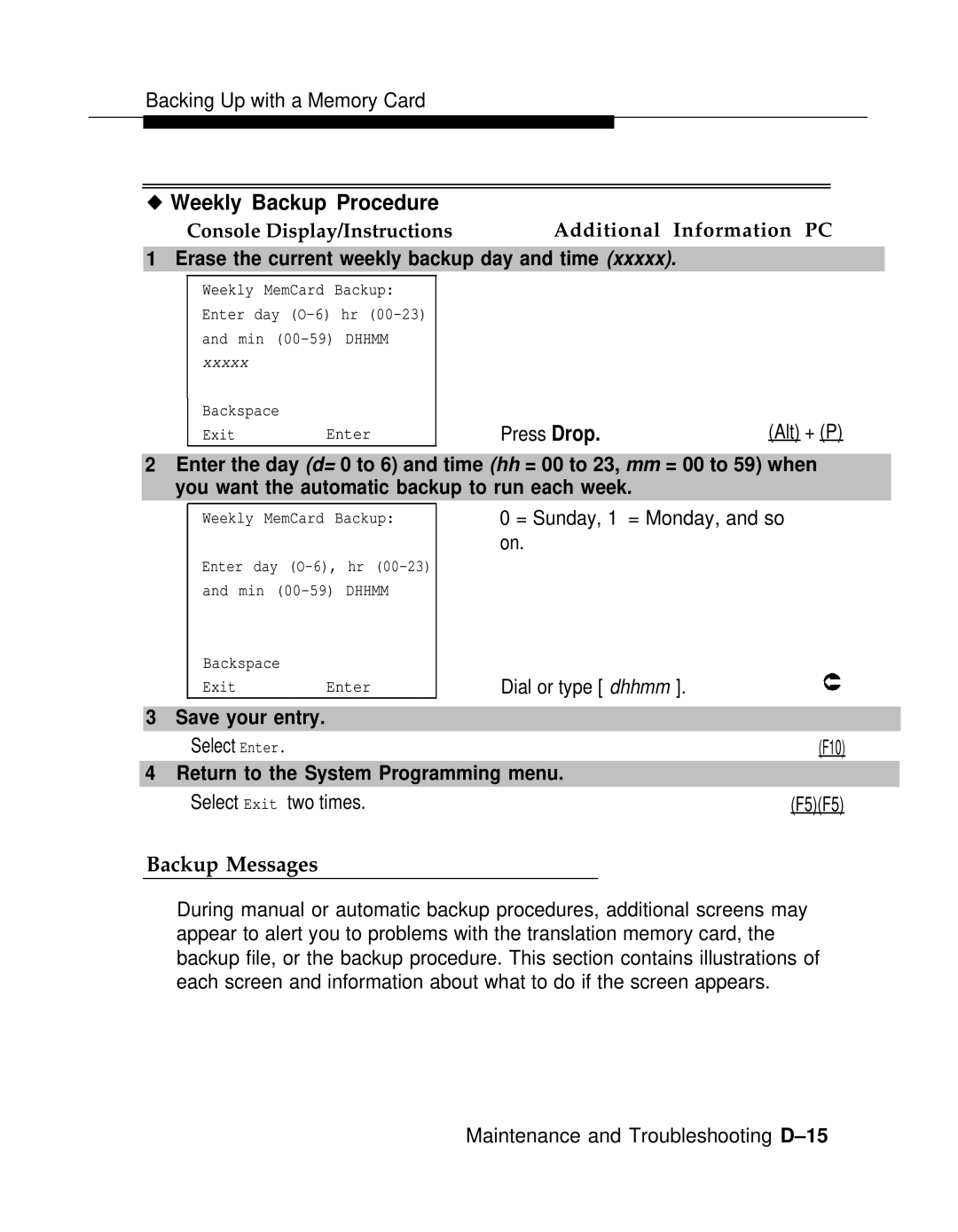 AT&T 3.0 manual Backup Messages, Erase the current weekly backup day and time 