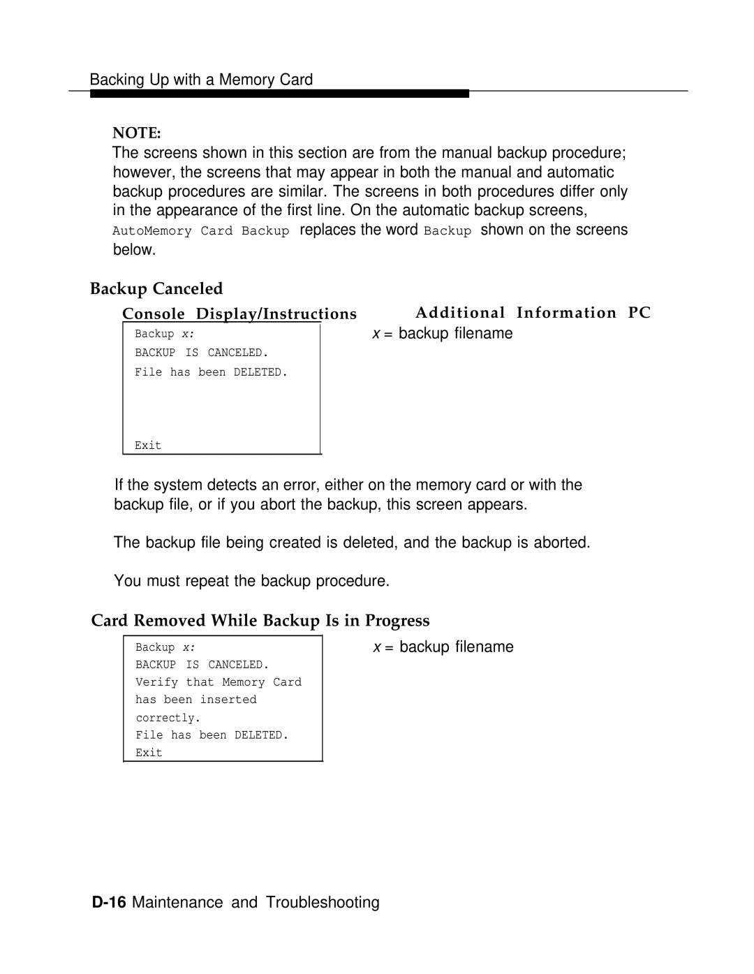 AT&T 3.0 manual Backup Canceled, Card Removed While Backup Is in Progress, = backup filename 