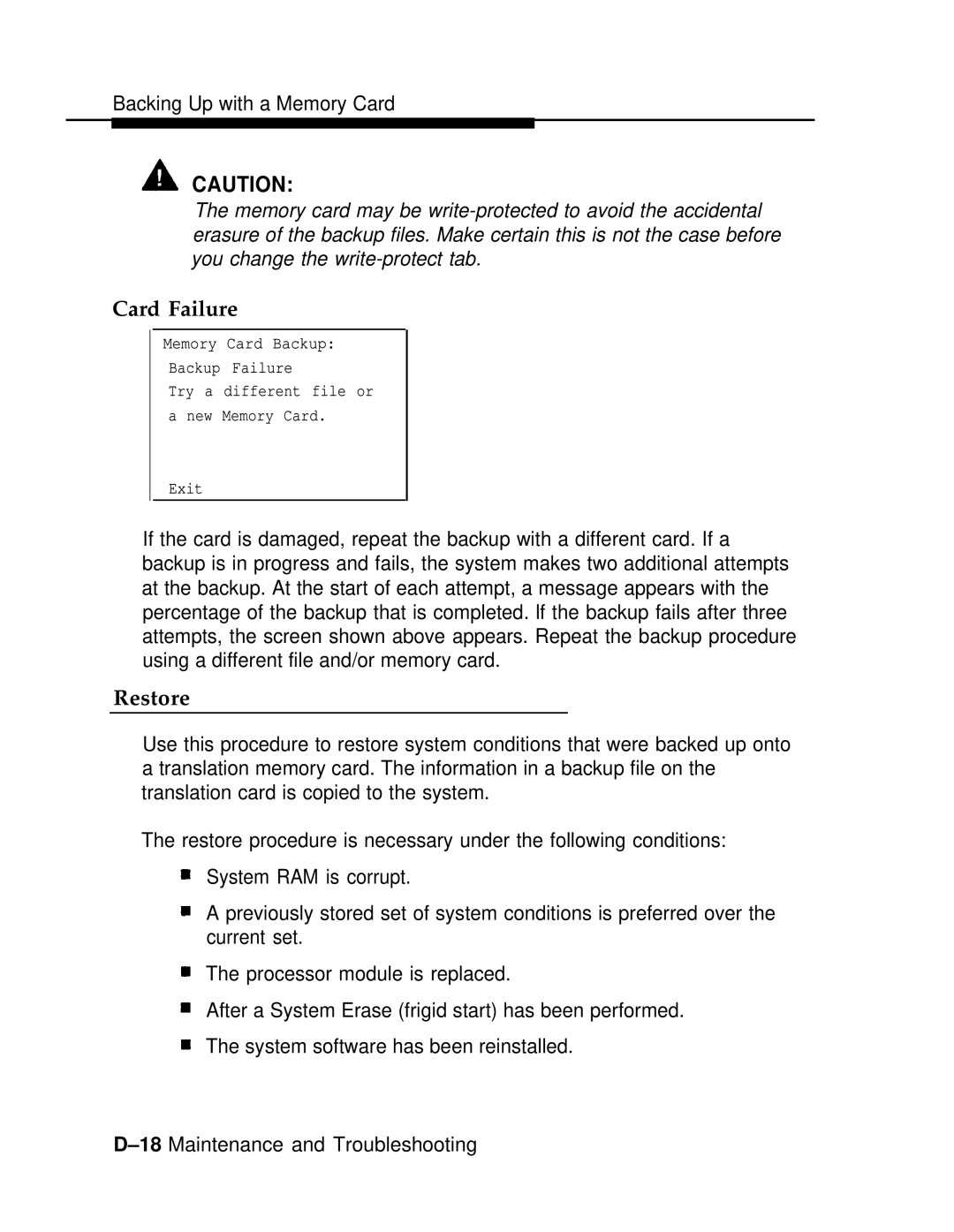 AT&T 3.0 manual Card Failure, Restore 