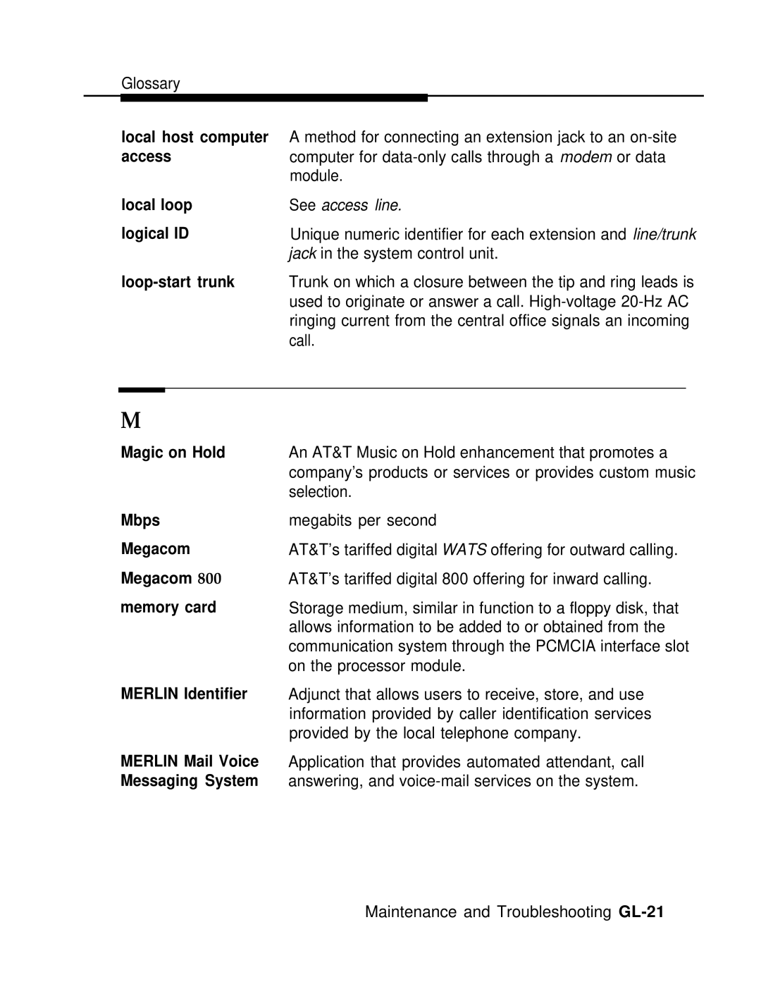 AT&T 3.0 manual Access, Local loop, Logical ID, Loop-start trunk, Magic on Hold, Mbps Megacom Memory card Merlin Identifier 