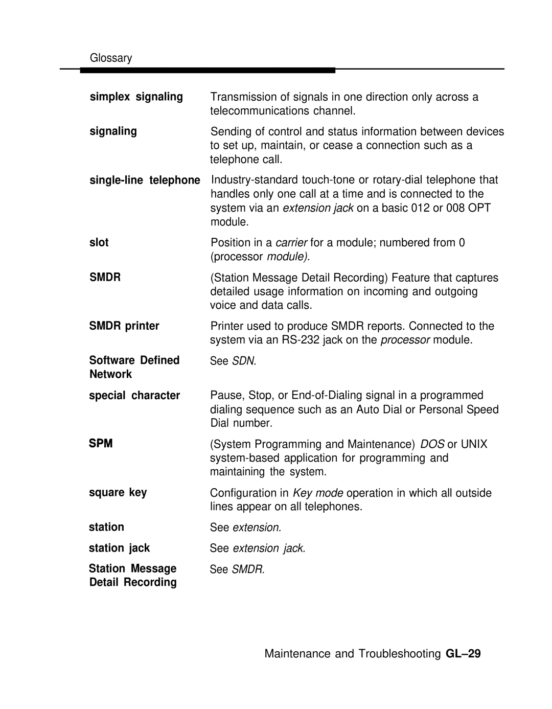 AT&T 3.0 manual Simplex signaling, Single-line telephone, Slot, Smdr printer Software Defined Network 