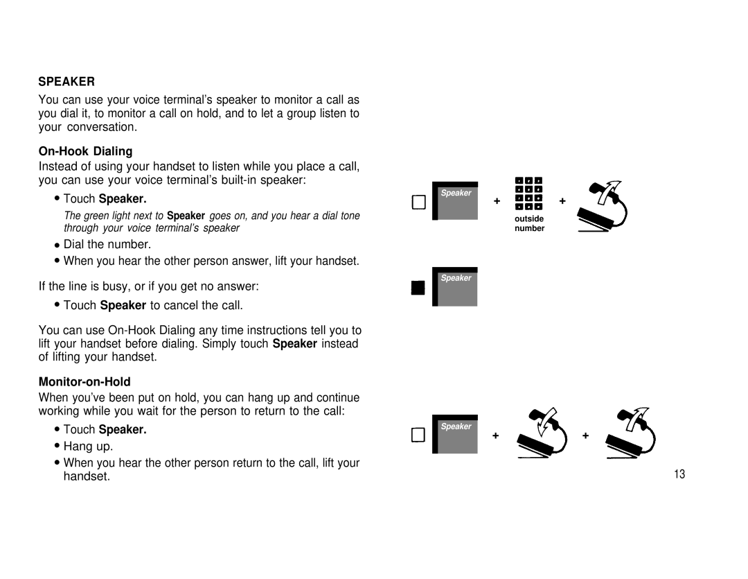 AT&T 3070, 1030 manual On-Hook Dialing, Touch Speaker, Monitor-on-Hold 