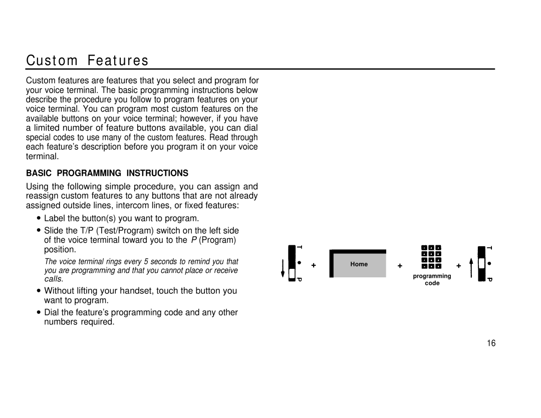 AT&T 1030, 3070 manual Custom Features, Basic Programming Instructions 