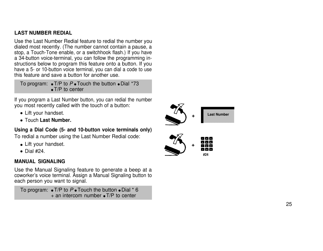 AT&T 3070, 1030 manual Last Number Redial, Manual Signaling 