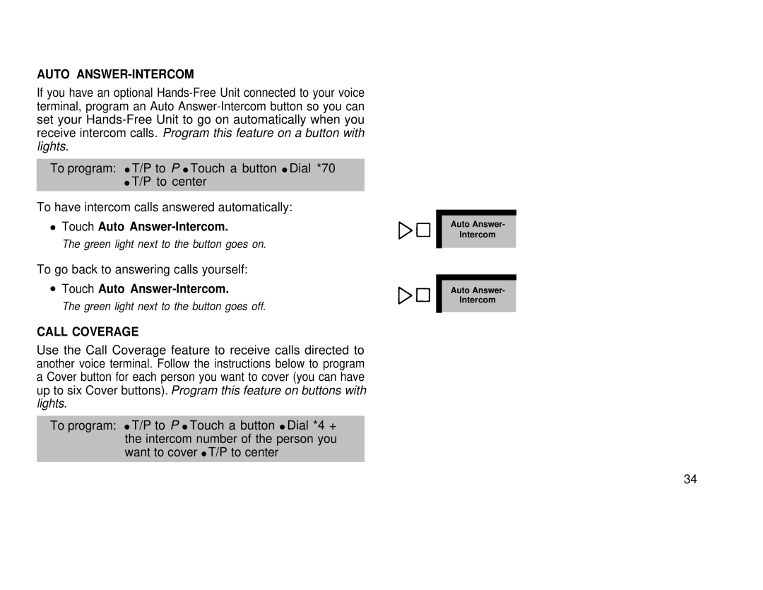 AT&T 1030, 3070 manual Auto ANSWER-INTERCOM, Touch Auto Answer-Intercom, Call Coverage 