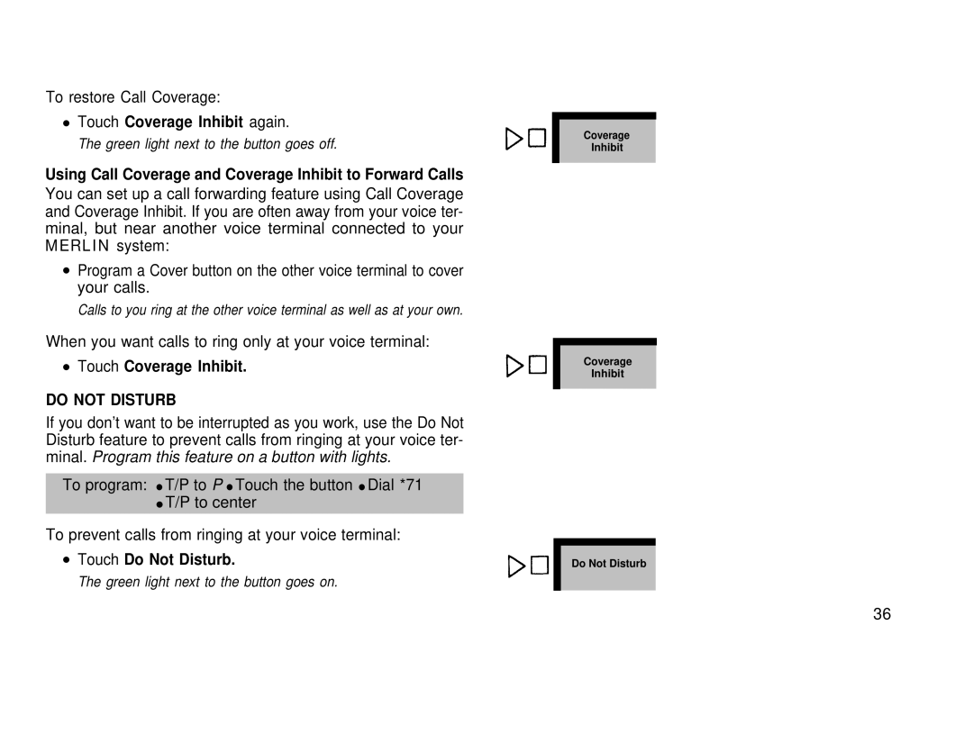 AT&T 1030, 3070 Touch Coverage Inhibit again, Using Call Coverage and Coverage Inhibit to Forward Calls, Do not Disturb 