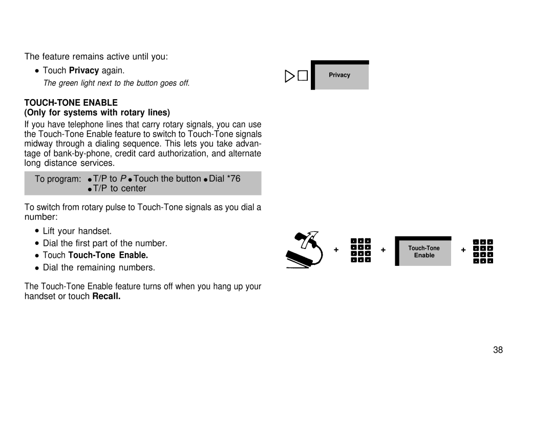 AT&T 1030, 3070 manual TOUCH-TONE Enable, Only for systems with rotary lines, Touch Touch-Tone Enable 