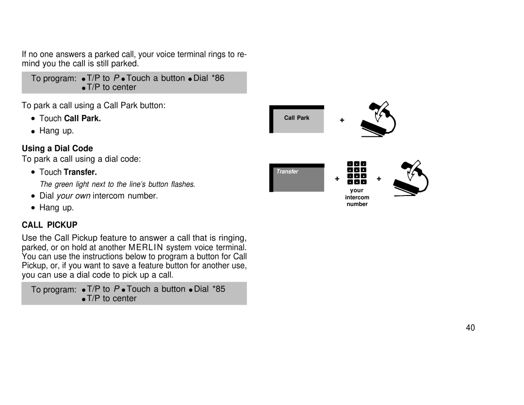 AT&T 1030, 3070 manual Touch Call Park, Call Pickup, + + 