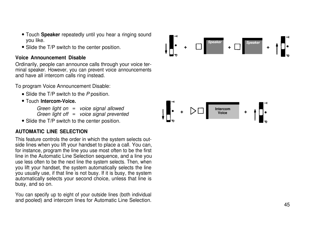 AT&T 3070, 1030 manual Voice Announcement Disable, Automatic Line Selection 