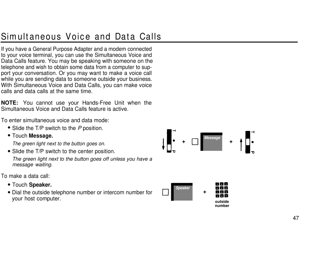 AT&T 3070, 1030 manual Simultaneous Voice and Data Calls, Touch Message 