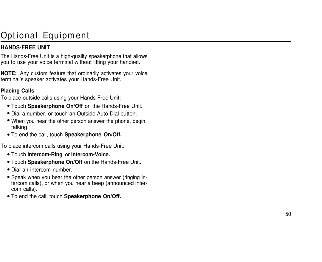 AT&T 1030, 3070 manual Optional Equipment, HANDS-FREE Unit, Placing Calls 