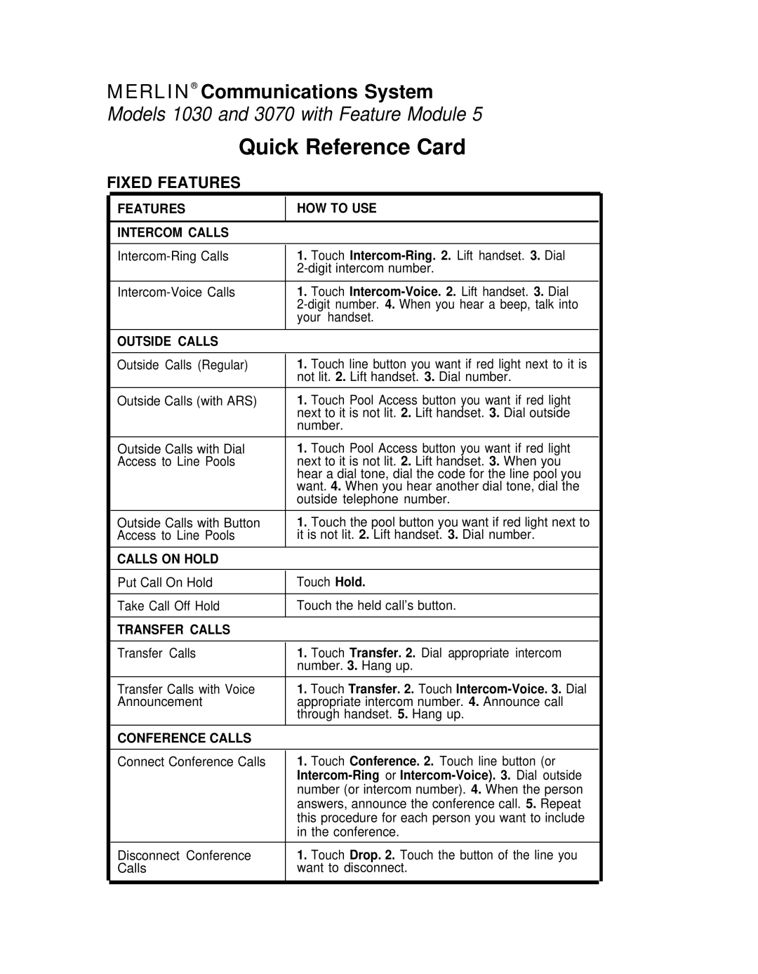 AT&T 3070, 1030 manual Quick Reference Card, Fixed Features 