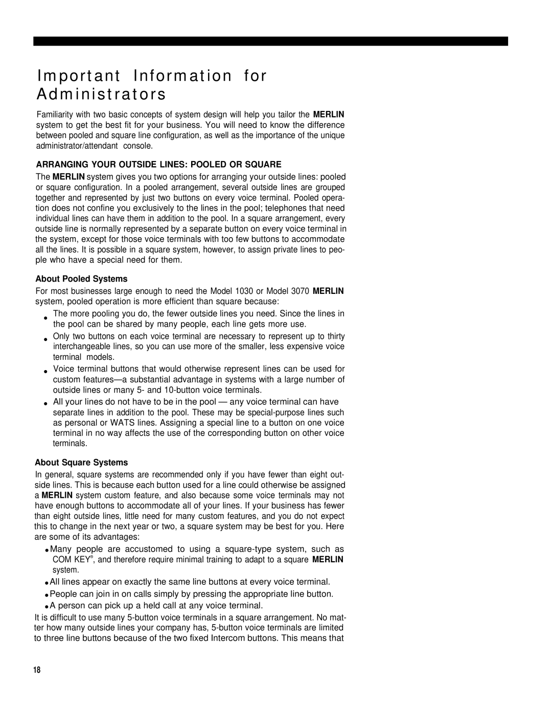 AT&T 1030 Important Information for Administrators, Arranging Your Outside Lines Pooled or Square, About Pooled Systems 