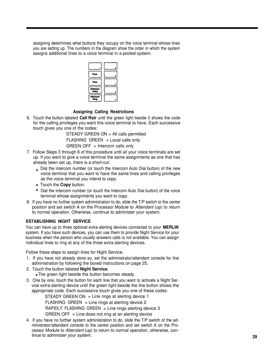 AT&T 3070, 1030 manual Assigning Calling Restrictions, Establishing Night Service 