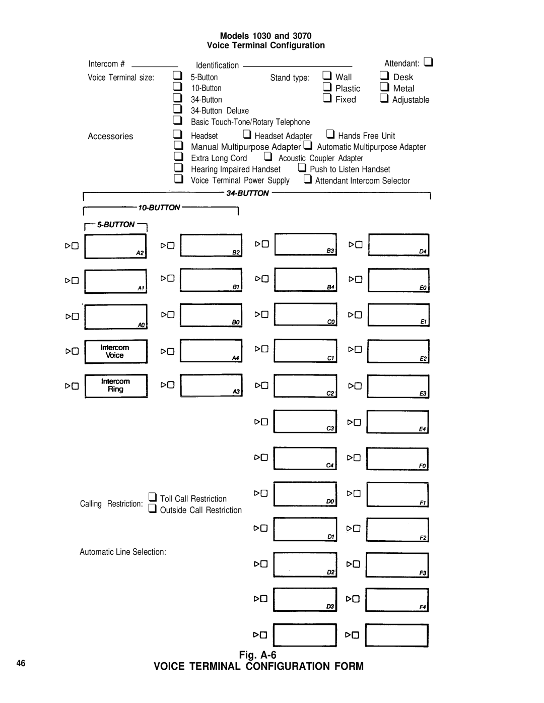 AT&T 3070 manual Voice Terminal Configuration Form, Models 1030 Voice Terminal Configuration 