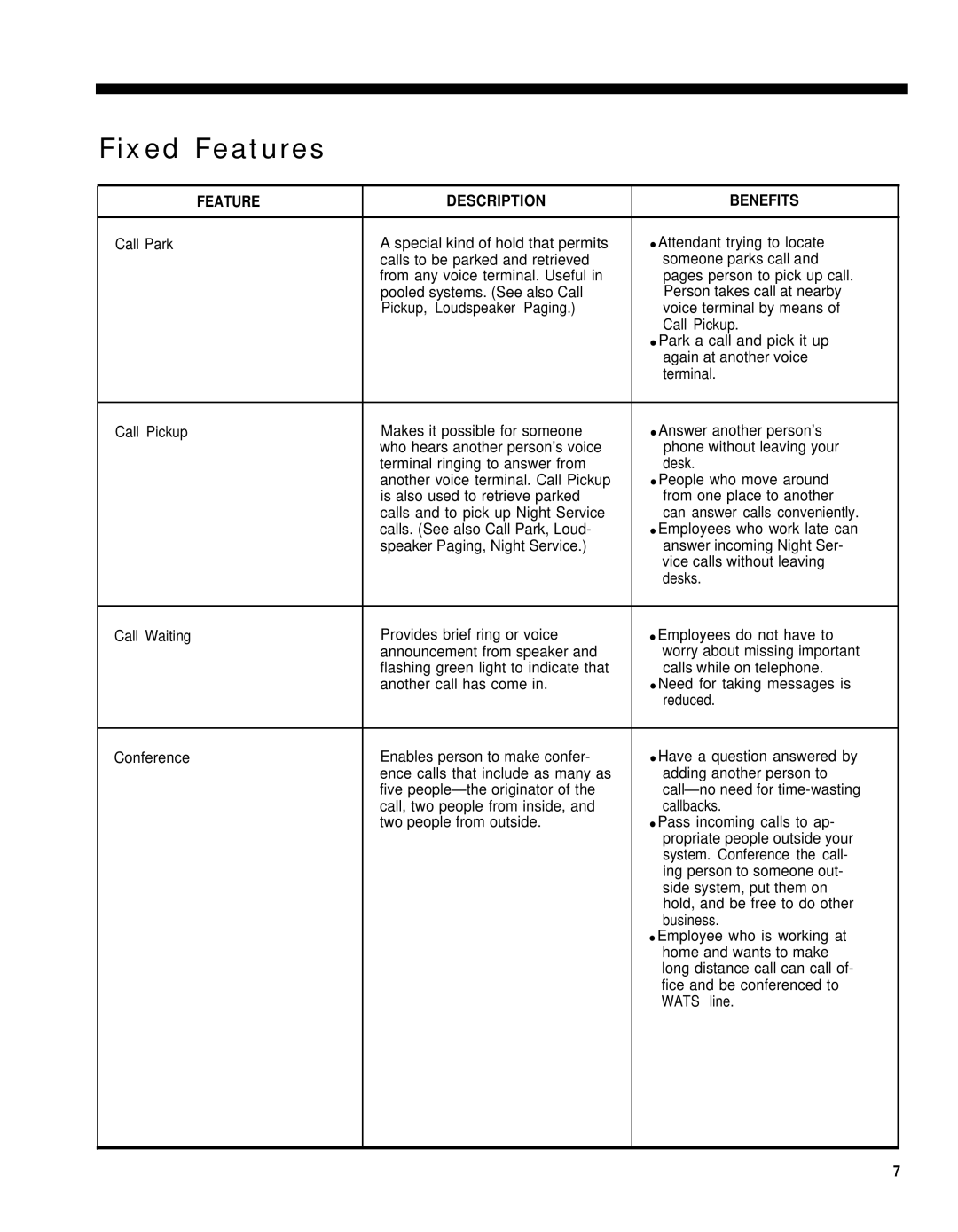 AT&T 3070, 1030 manual Fixed Features, Feature Description Benefits 