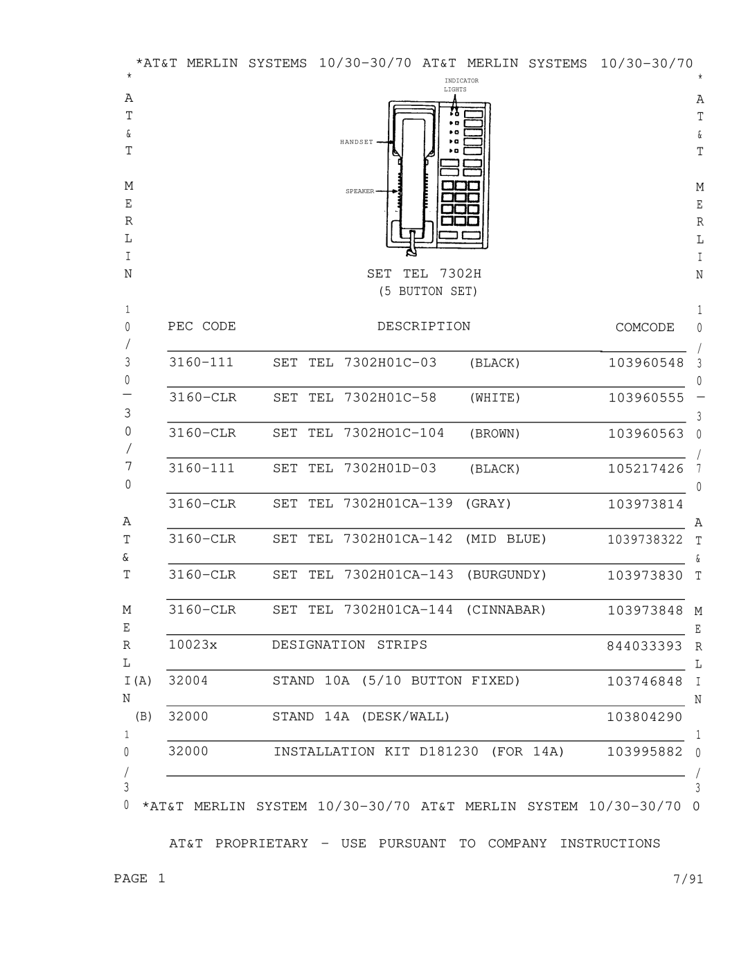 AT&T 3070, 1030 manual SET TEL 7302H 