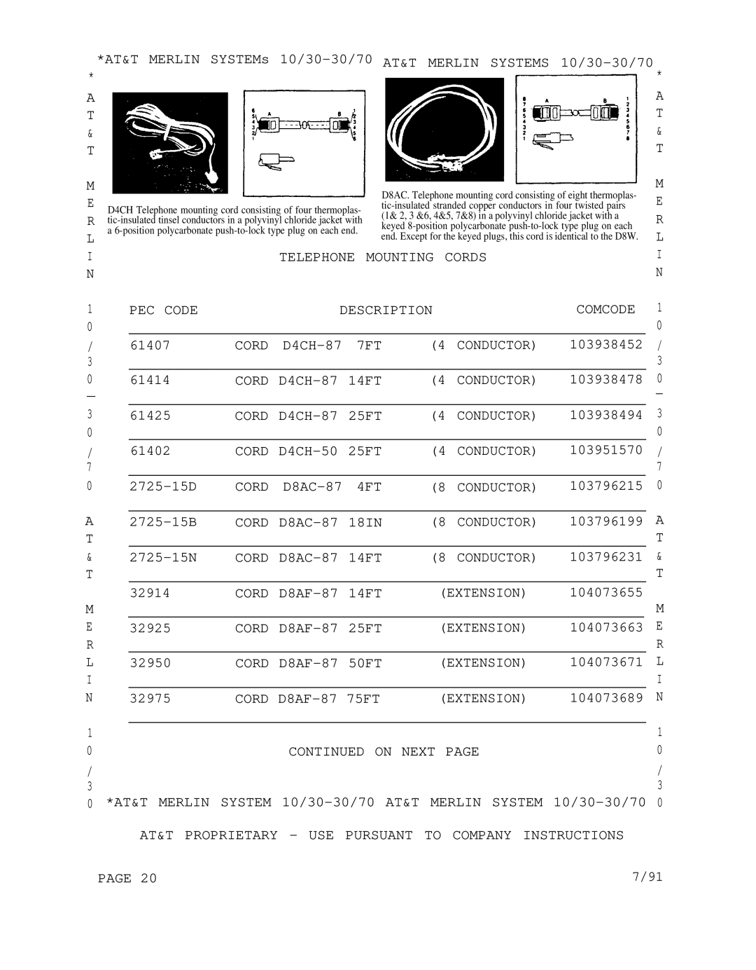 AT&T 1030, 3070 manual Mounting Cords L I N PEC Code Description 