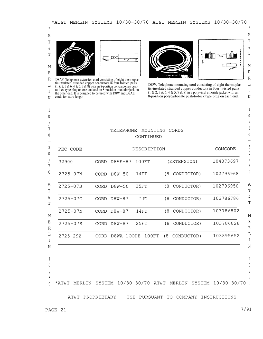 AT&T 3070, 1030 manual I N Telephone Mounting Cords PEC Code 