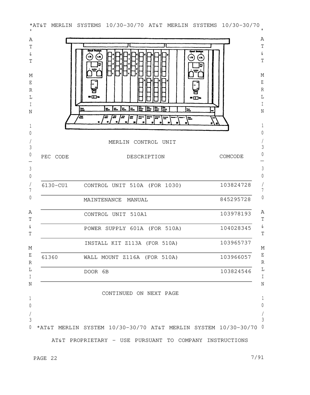 AT&T 1030, 3070 manual Merlin Control Unit 