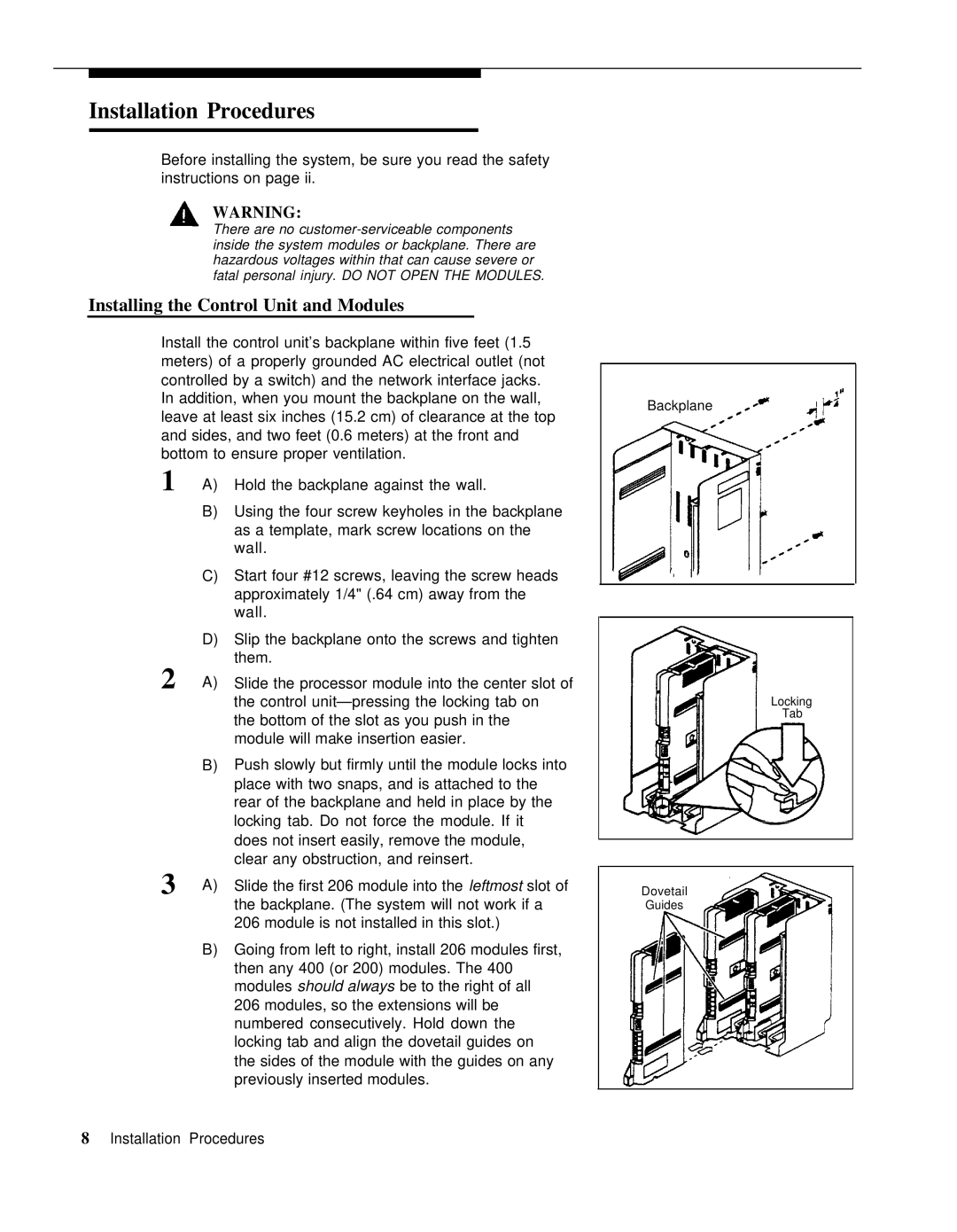 AT&T 3.1 manual Installation Procedures, Installing the Control Unit and Modules 