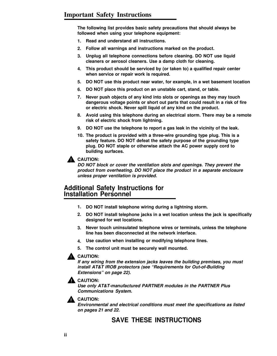 AT&T 3.1 manual Important Safety Instructions, Additional Safety Instructions for Installation Personnel 