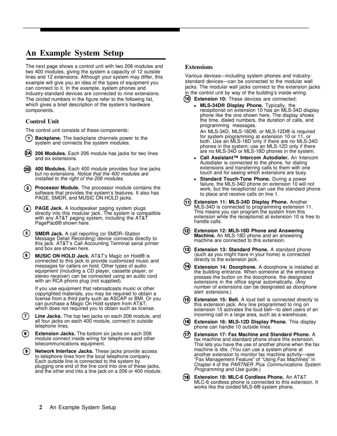 AT&T 3.1 manual An Example System Setup, Control Unit, Extensions 