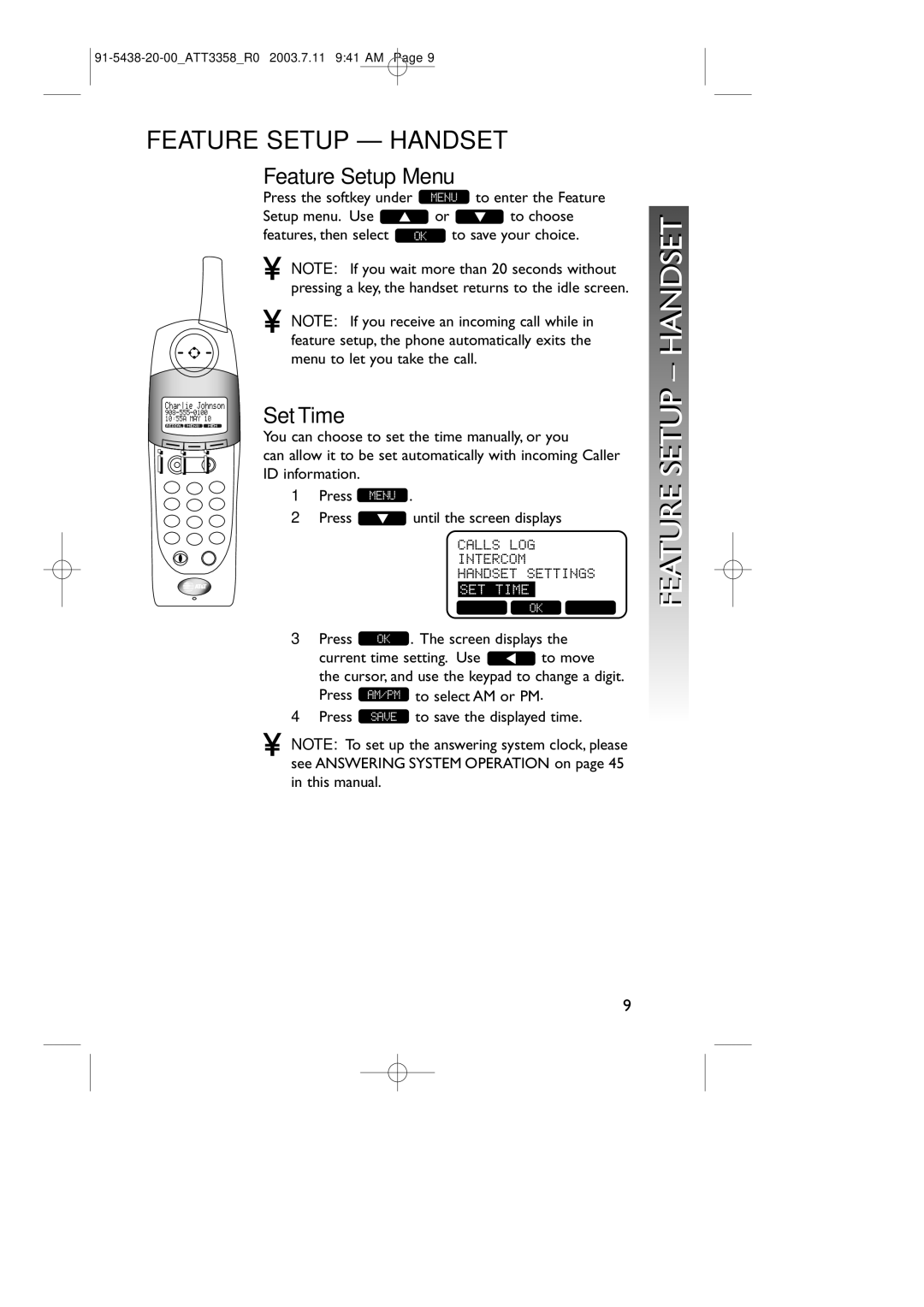 AT&T 3358 user manual Feature Setup Handset, Feature Setup Menu, Set Time 