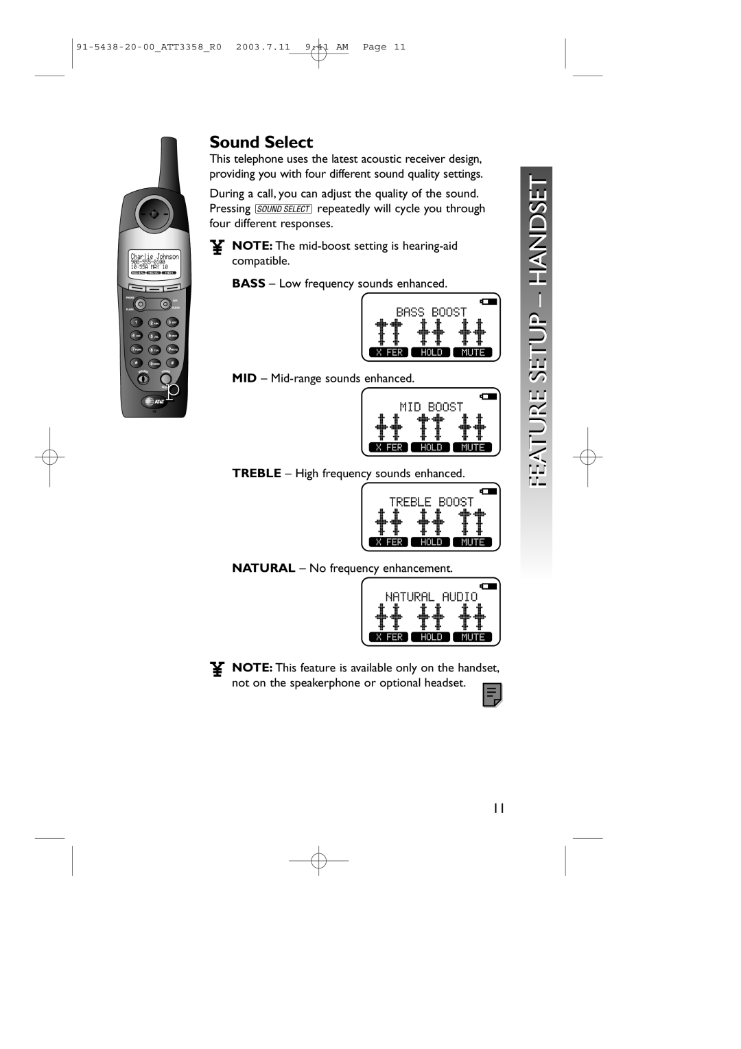 AT&T 3358 user manual Feature Setup, Sound Select 