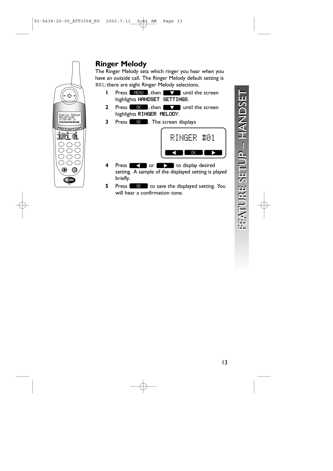 AT&T 3358 user manual Ringer #01, Ringer Melody 