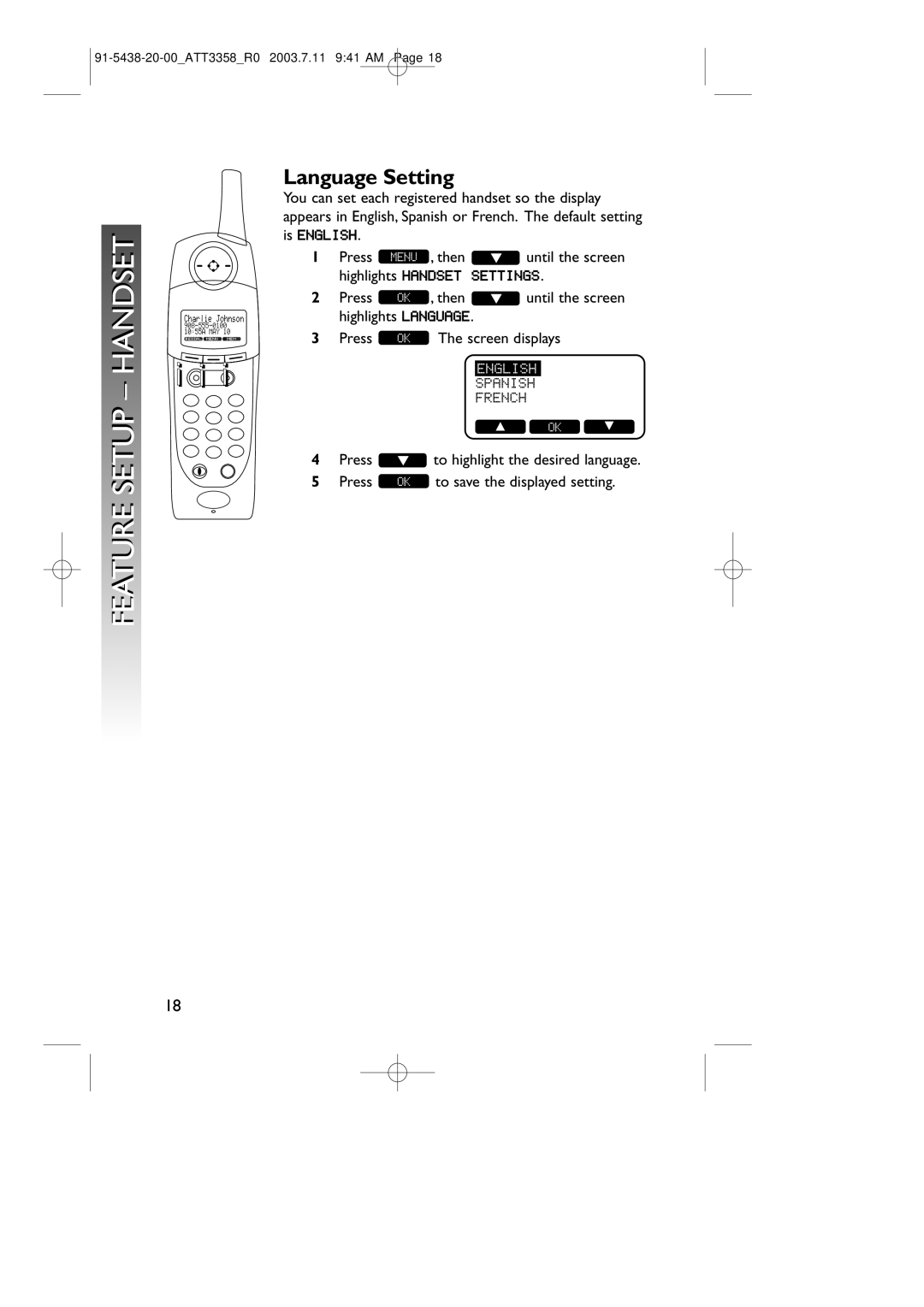 AT&T 3358 user manual Handset, Language Setting 