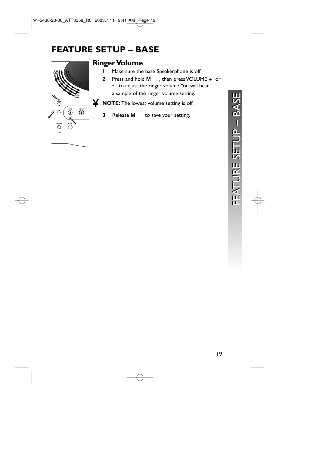 AT&T 3358 user manual Feature Setup Base, Release M to save your setting 