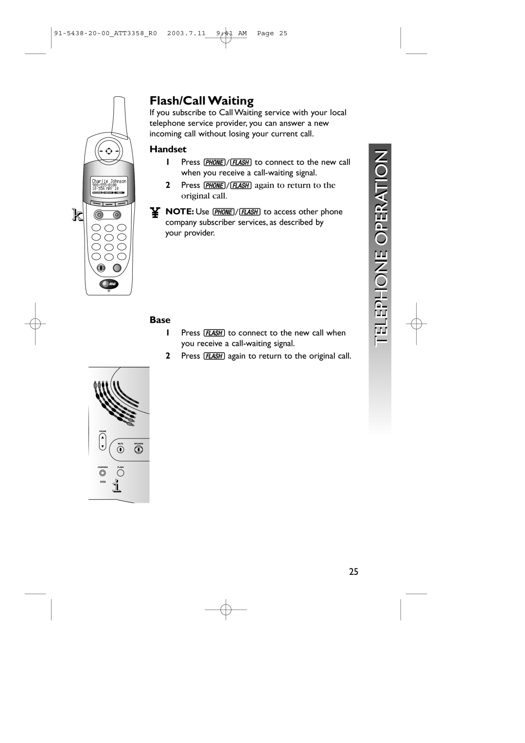 AT&T 3358 user manual Flash/Call Waiting, Base 