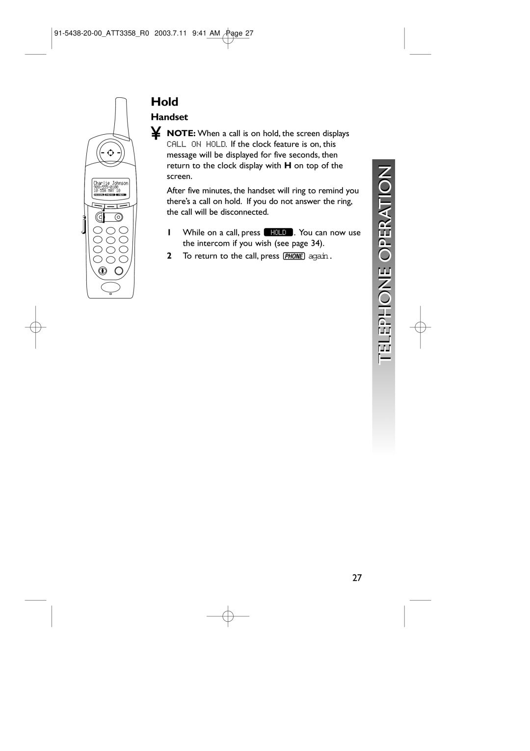 AT&T 3358 user manual Hold, Screen 