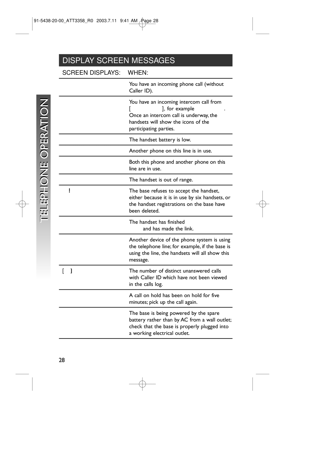 AT&T 3358 user manual Display Screen Messages, Screen Displays When 