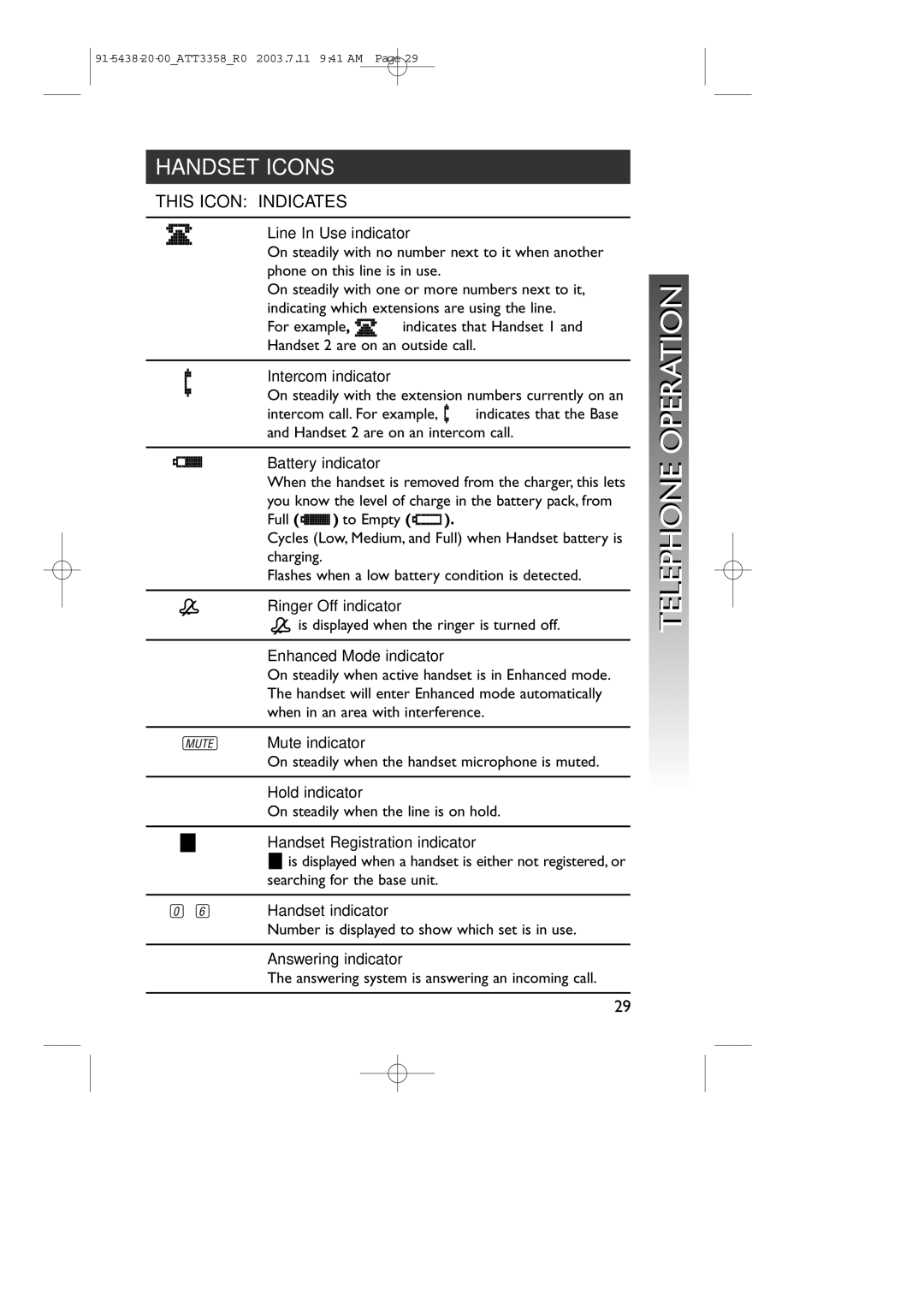 AT&T 3358 user manual Handset Icons, This Icon Indicates 