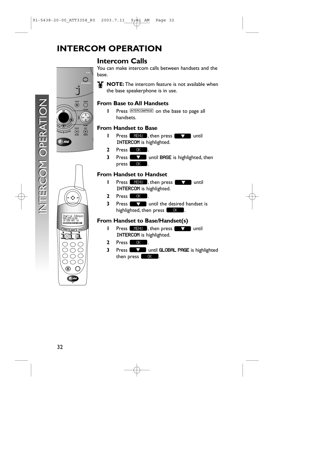 AT&T 3358 user manual Intercom Operation, Intercom Calls 