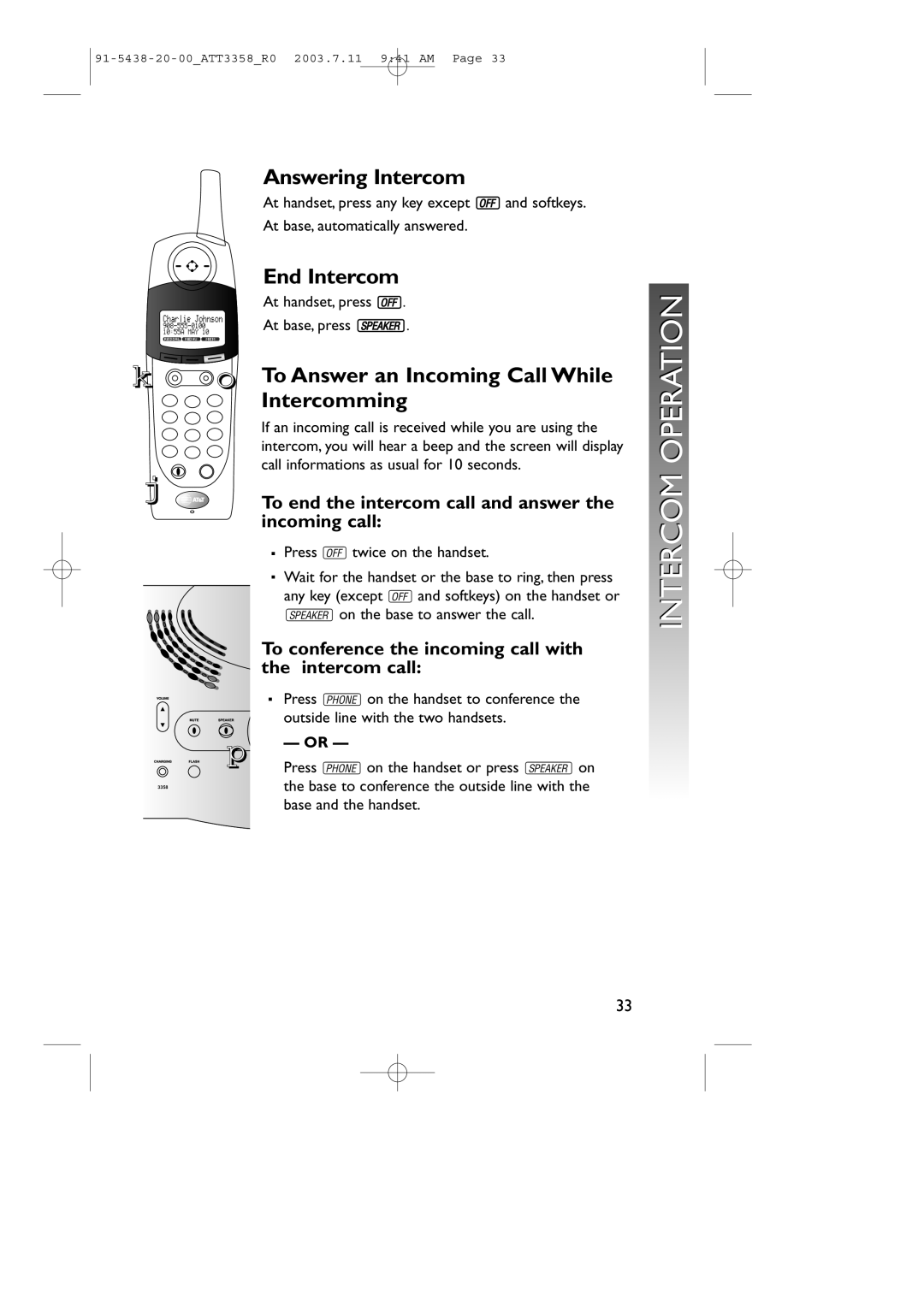 AT&T 3358 user manual Answering Intercom, End Intercom, Intercomming 