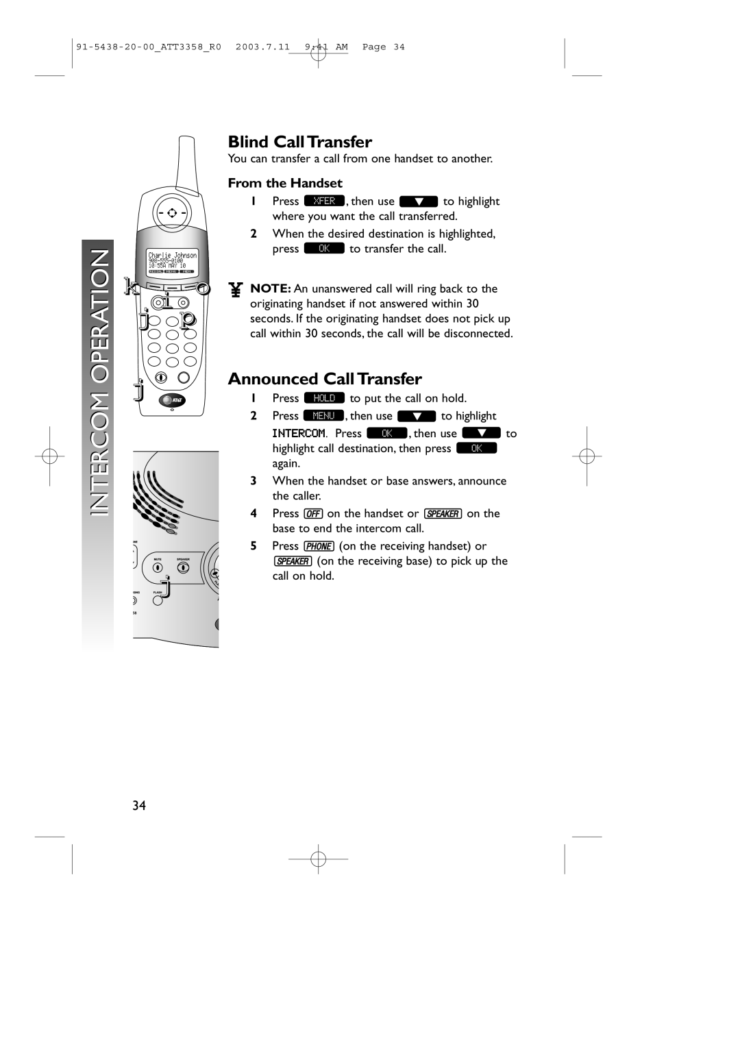 AT&T 3358 user manual Blind Call Transfer, Announced Call Transfer, From the Handset 