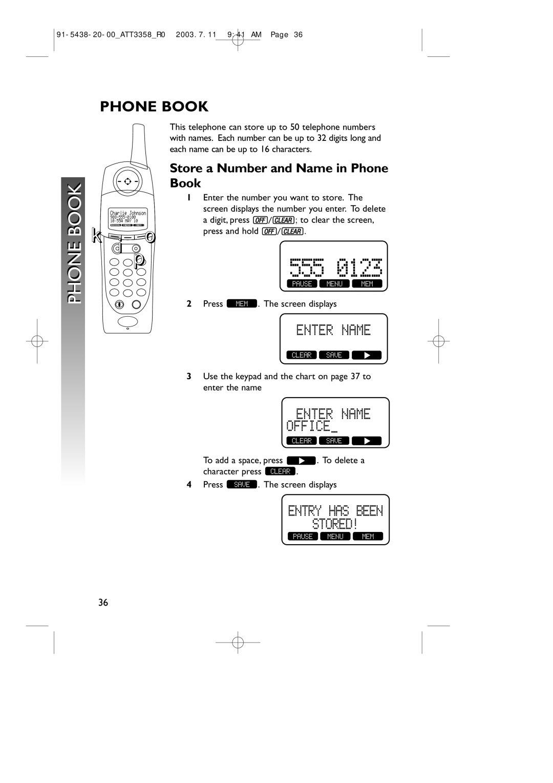 AT&T 3358 user manual Store a Number and Name in Phone Book 