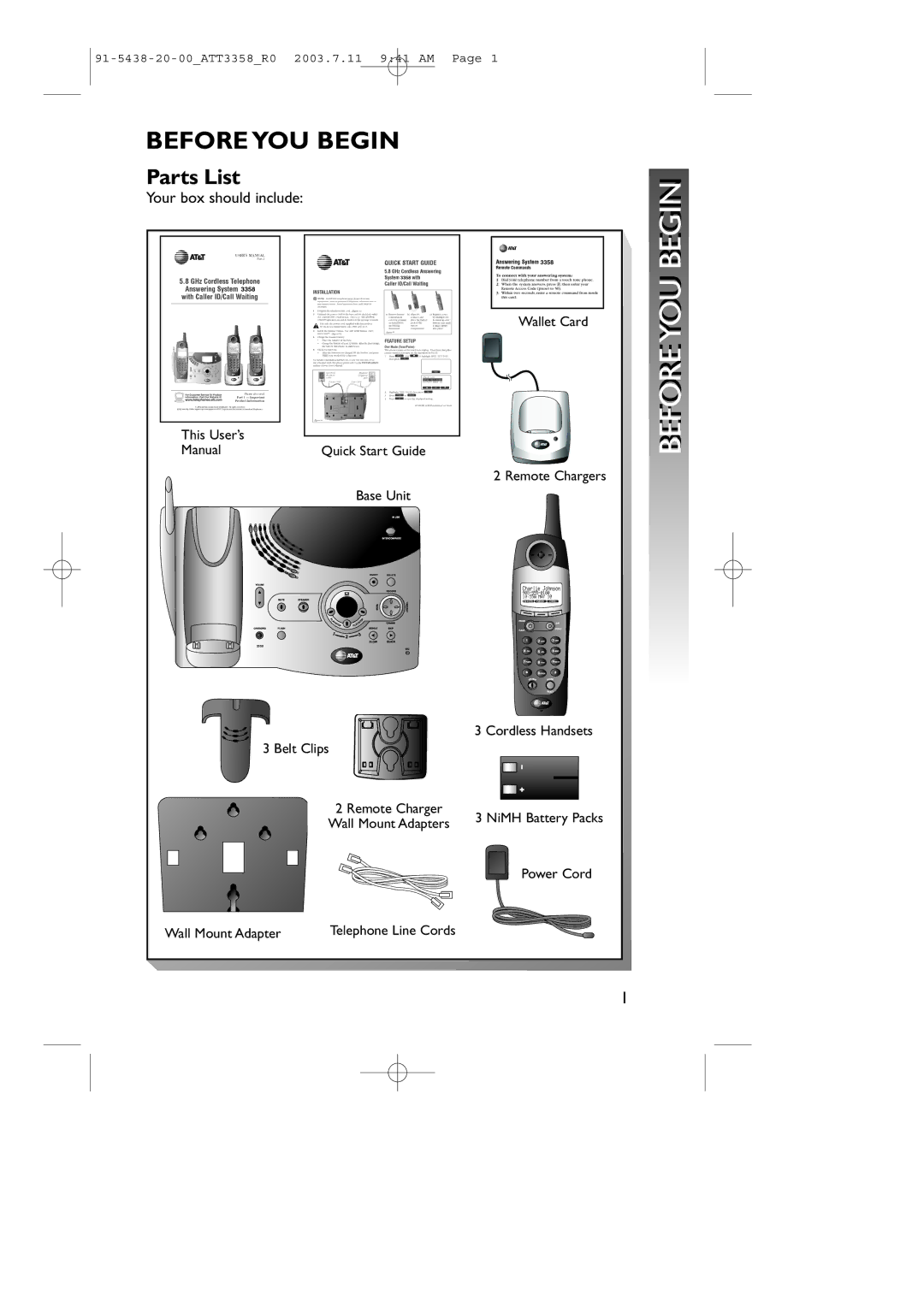 AT&T 3358 user manual Beforeyou Beginin, Before YOU Begin, Parts List 