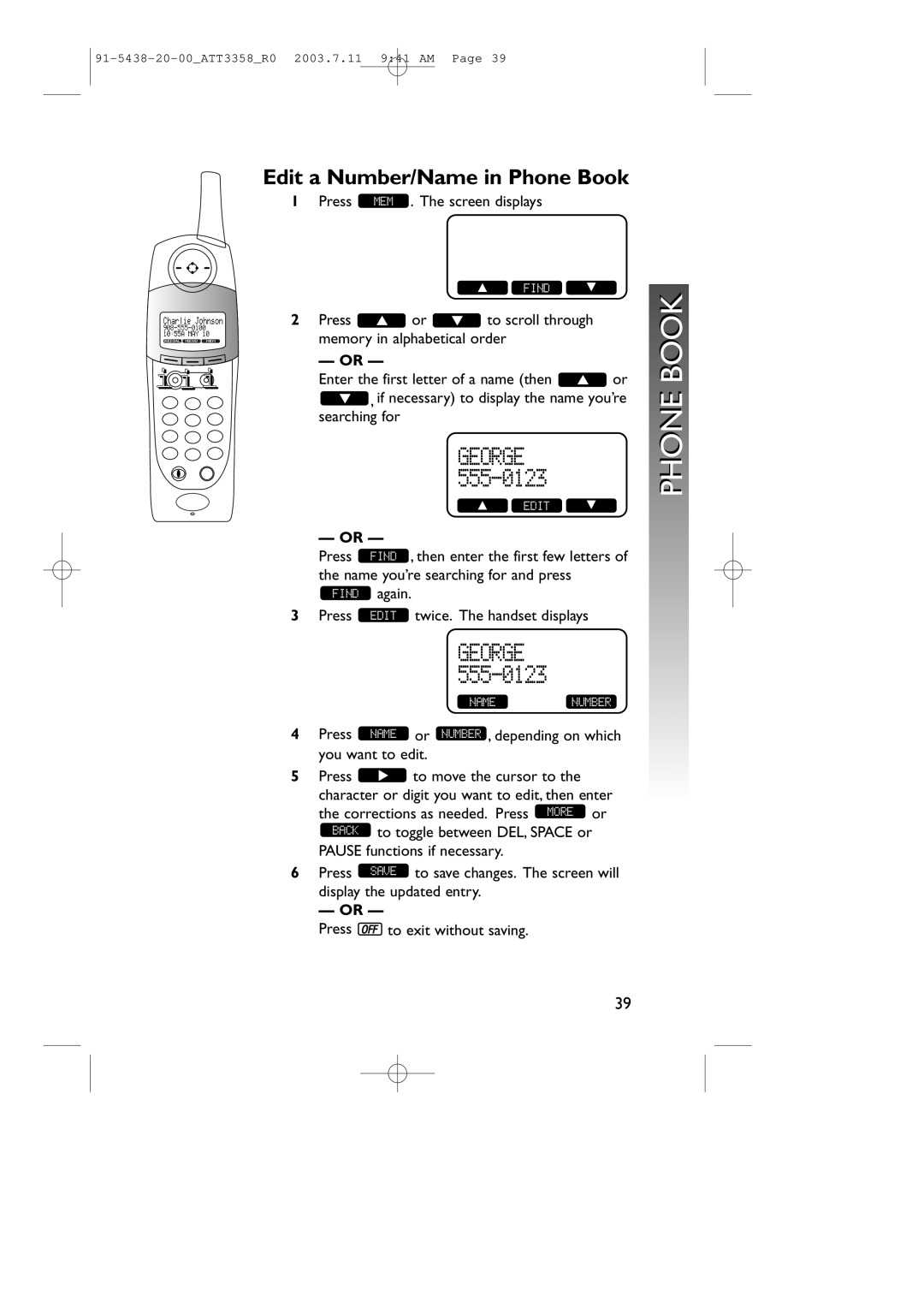 AT&T 3358 user manual Edit a Number/Name in Phone Book 