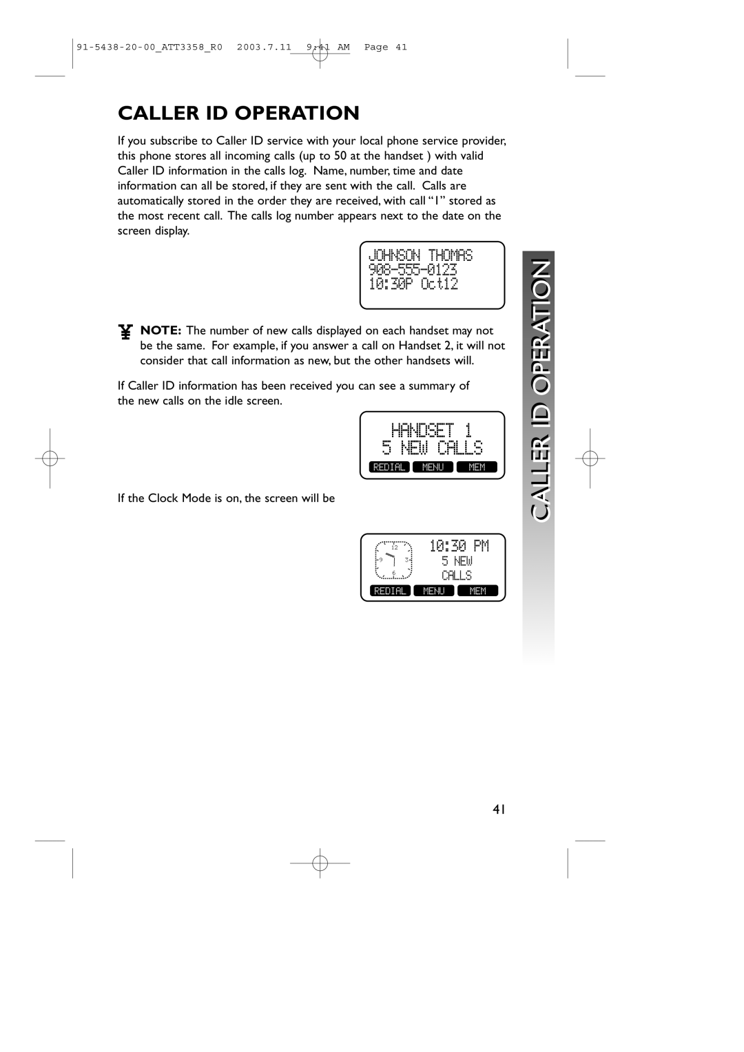 AT&T 3358 user manual Caller Idid Operationi, Caller ID Operation 