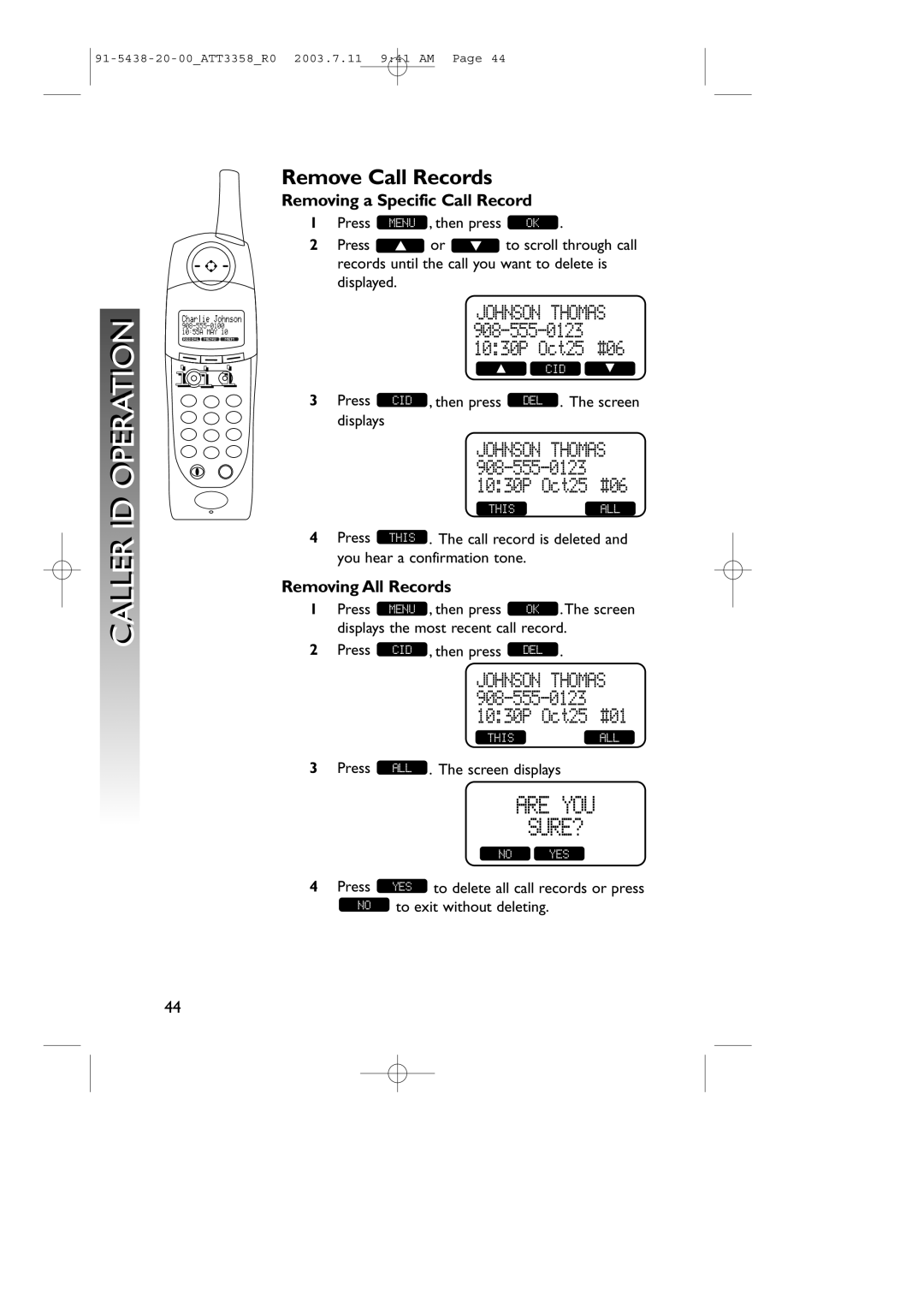 AT&T 3358 user manual Remove Call Records, Removing a Specific Call Record, Removing All Records 