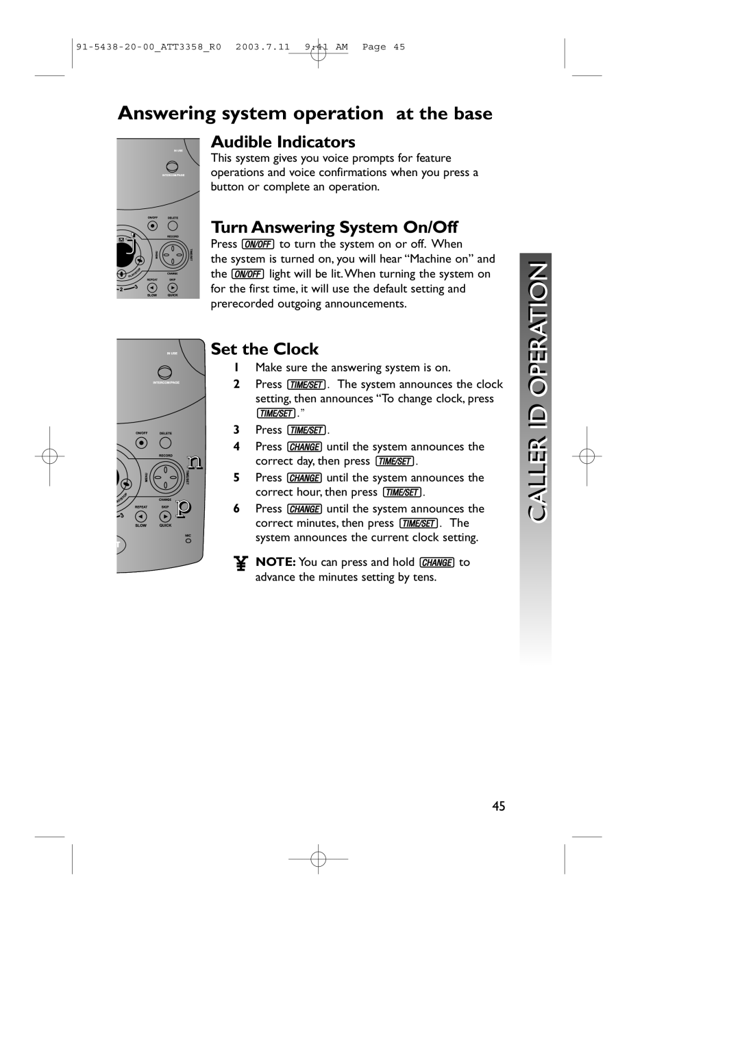 AT&T 3358 user manual Audible Indicators, Turn Answering System On/Off, Set the Clock 