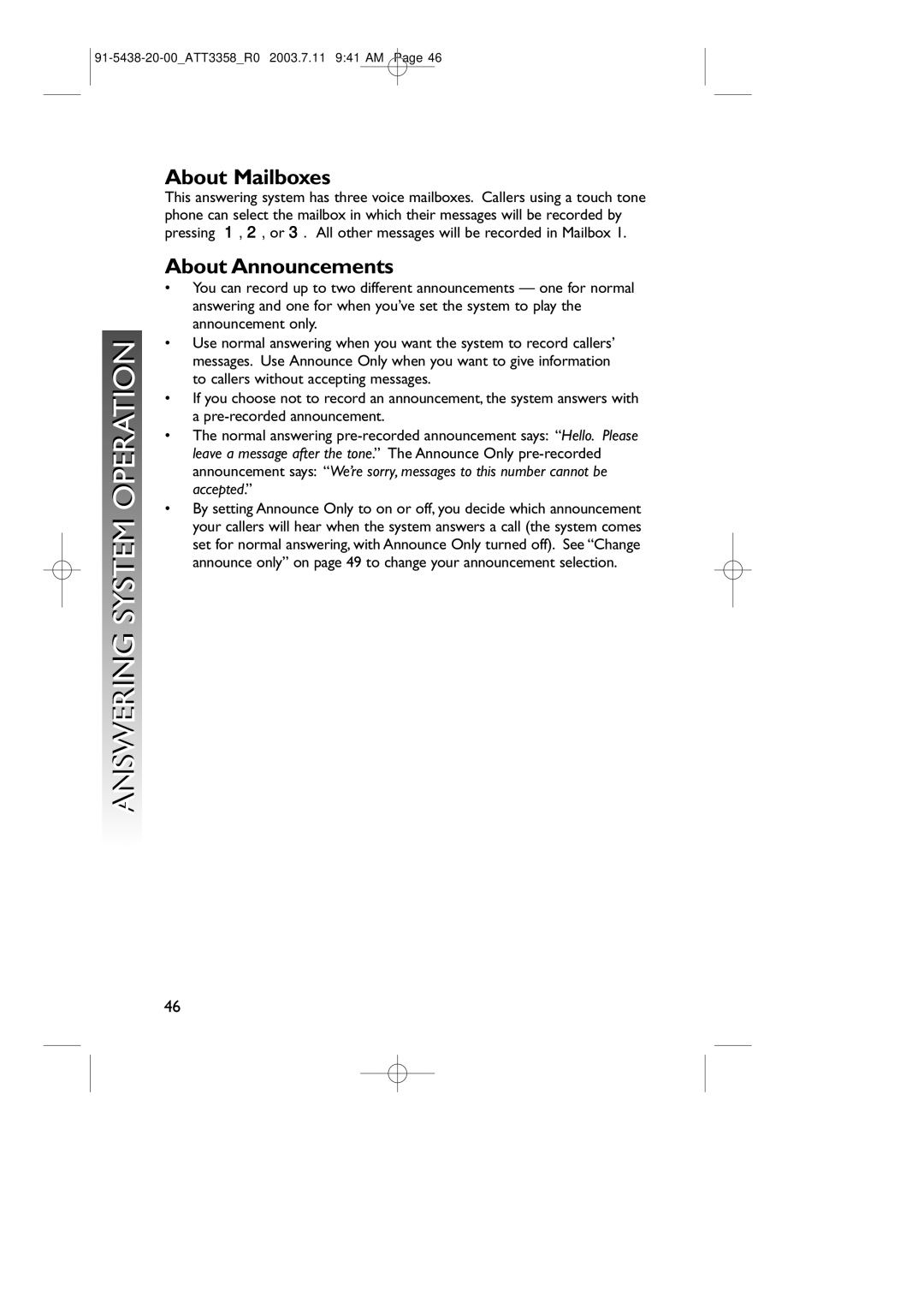 AT&T 3358 user manual Answering System Operation, About Mailboxes, About Announcements 