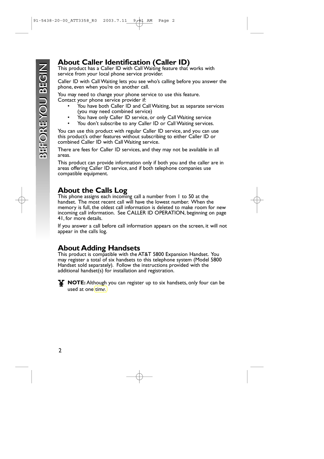 AT&T 3358 user manual About Caller Identification Caller ID, About the Calls Log, About Adding Handsets 